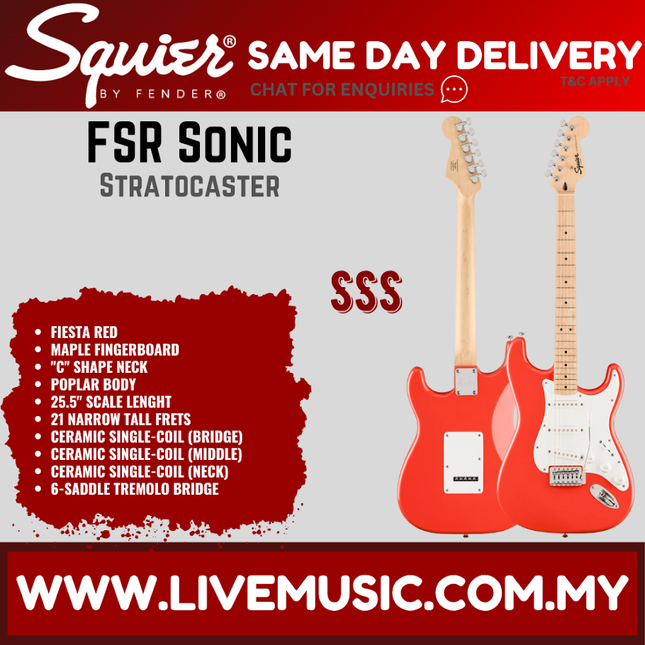 Squier FSR Sonic Stratocaster Electric Guitar w/White Pickguard, Maple FB, Fiesta Red