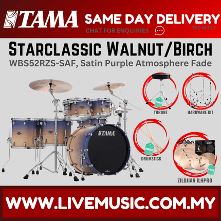 5-piece drum shell pack with cymbals, satin purple atmosphere fade