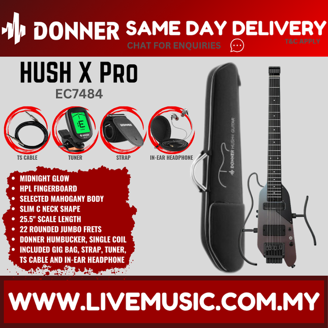 Donner EC7484 Hush-x Pro Electric Guitar, Midnight Glow ( HUSH X / HUSHX )