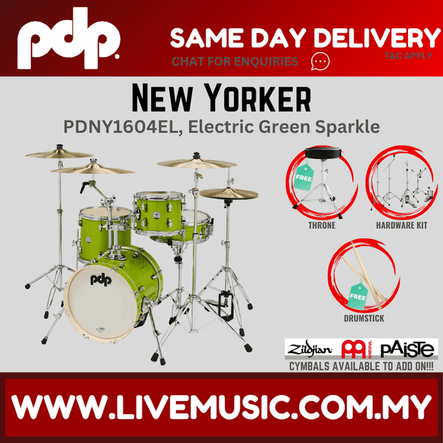 PDP New Yorker PDNY1604EL  4-piece Shell Pack With Cymbals - Electric Green Sparkle ( PDNY1604EL / PDNY1604 )