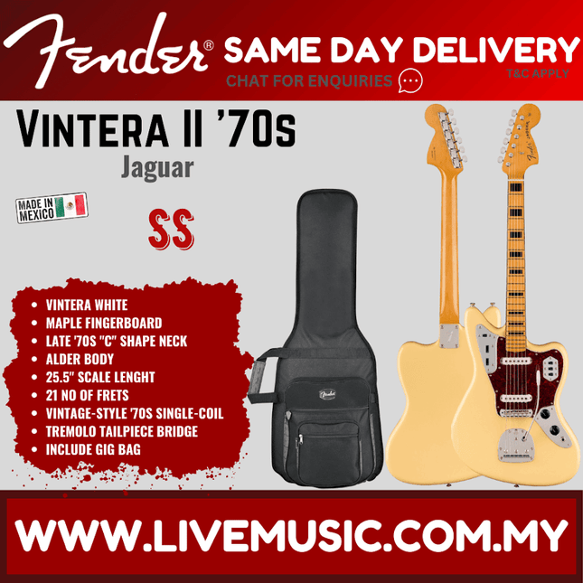 Fender Vintera II 70s Jaguar Electric Guitar, Maple FB, Vintera White