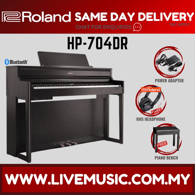 Roland HP704 88-keys Digital Piano with Bench, RH-5 Headphones, 3 Pedal,Note Stand and Adapter - Rosewood ( HP-704 )
