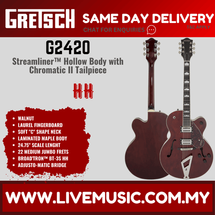 Gretsch G2420 Streamliner Hollow Body Single-Cut Guitar w/Chromatic II, Walnut