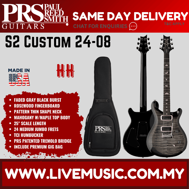 PRS S2 Custom 24-08 Electric Guitar, Faded Gray Black Burst