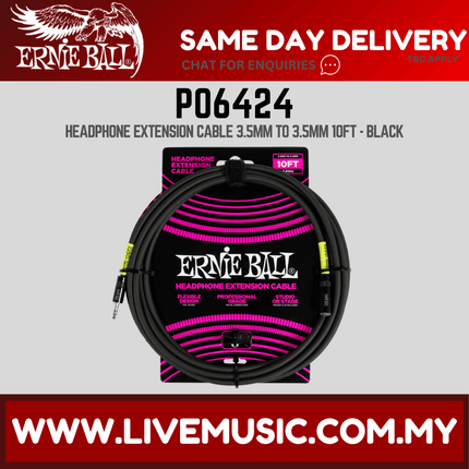 Ernie Ball EB6424 Headphone Extension Cable 3.5mm to 3.5mm 10 Ft, Black