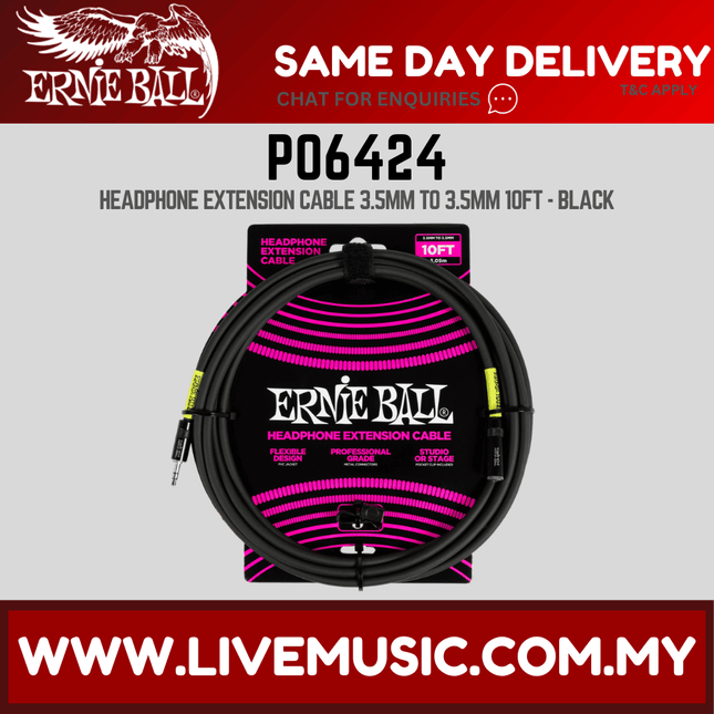 Ernie Ball EB6424 Headphone Extension Cable 3.5mm to 3.5mm 10 Ft, Black