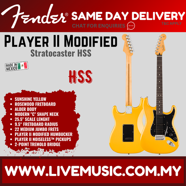 Fender Player II Modified Stratocaster HSS Electric Guitar, RW FB, Sunshine Yellow