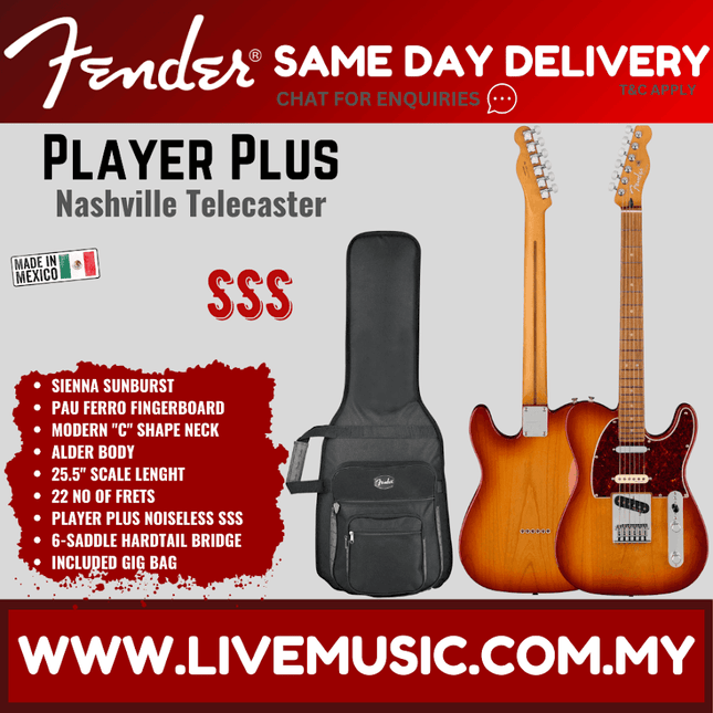 Fender Player Plus Nashville Telecaster Electric Guitar, Pau Ferro FB, Sienna Sunburst