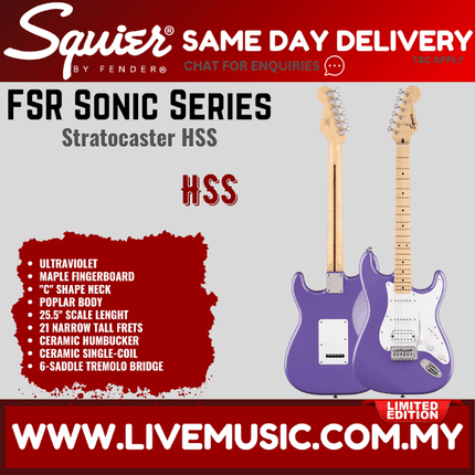 Squier FSR Sonic Stratocaster HSS Electric Guitar w/White Pickguard, Maple FB, Ultraviolet
