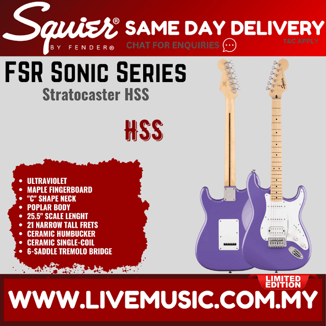Squier FSR Sonic Stratocaster HSS Electric Guitar w/White Pickguard, Maple FB, Ultraviolet