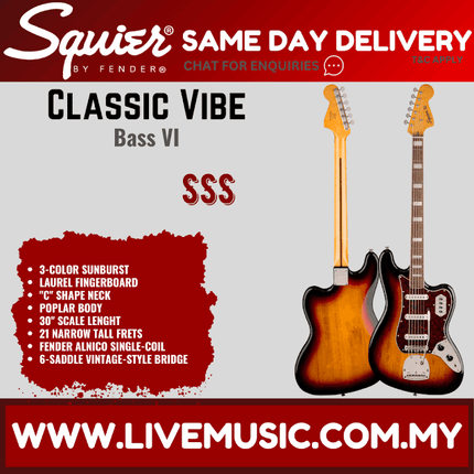 Squier Classic Vibe Bass VI Electric Guitar, Laurel Fretboard - 3-Tone Sunburst