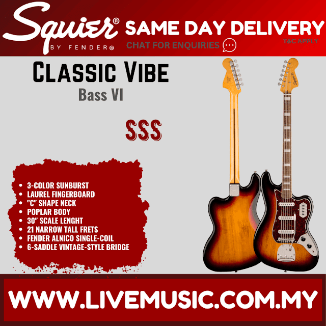 Squier Classic Vibe Bass VI Electric Guitar, Laurel Fretboard - 3-Tone Sunburst