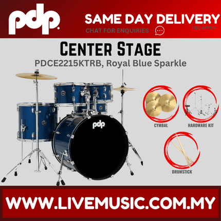 PDP Center Stage 5-piece Complete Drum Set with Hardware, Stool and Cymbal - Royal Blue Sparkle ( PDCE2215KT )