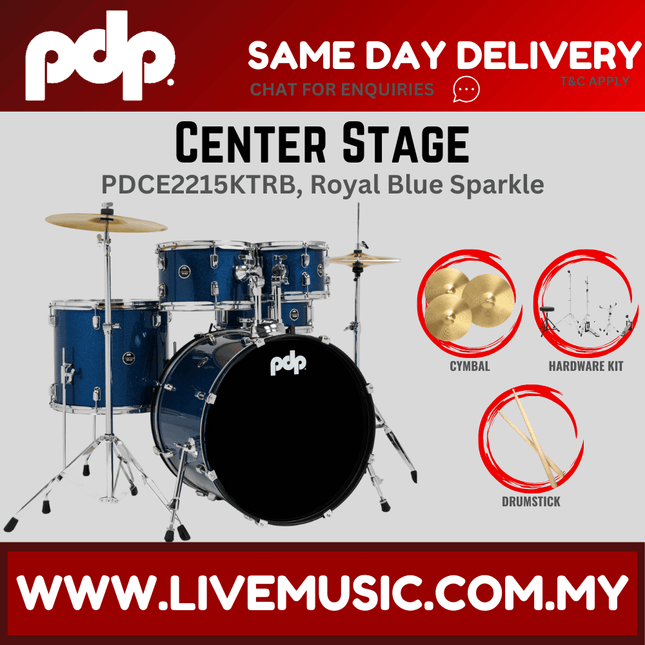 PDP Center Stage 5-piece Complete Drum Set with Hardware, Stool and Cymbal - Royal Blue Sparkle ( PDCE2215KT )