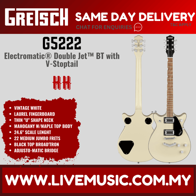 Gretsch G5222 Electromatic Double Jet BT Electric Guitar w/V-Stoptail, Laurel FB, Vintage White