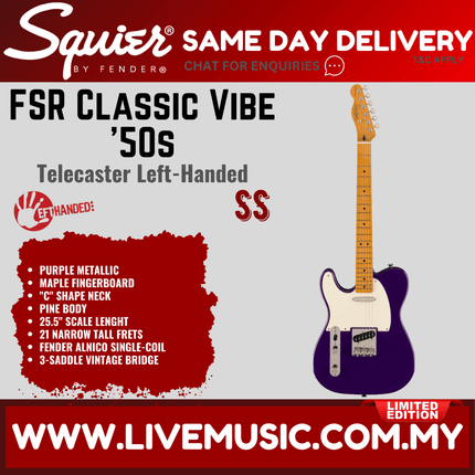 Squier FSR Classic Vibe 50s Telecaster Left-Handed Electric Guitar, Maple FB, Purple Metallic