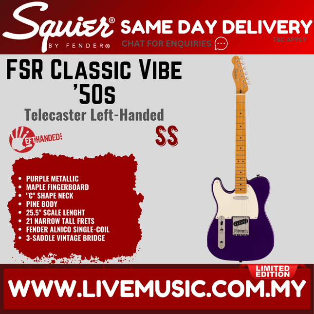 Squier FSR Classic Vibe 50s Telecaster Left-Handed Electric Guitar, Maple FB, Purple Metallic