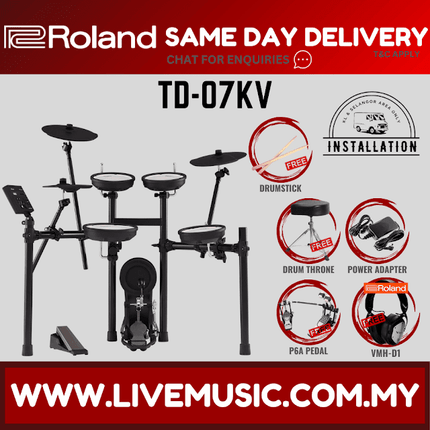 Roland TD-07KV Electronic Digital Drum Set with RH-5 Headphones, T1D Drum Throne, Double Kick Pedal, Drumstick ( TD07KV / RH5 / 07KV )