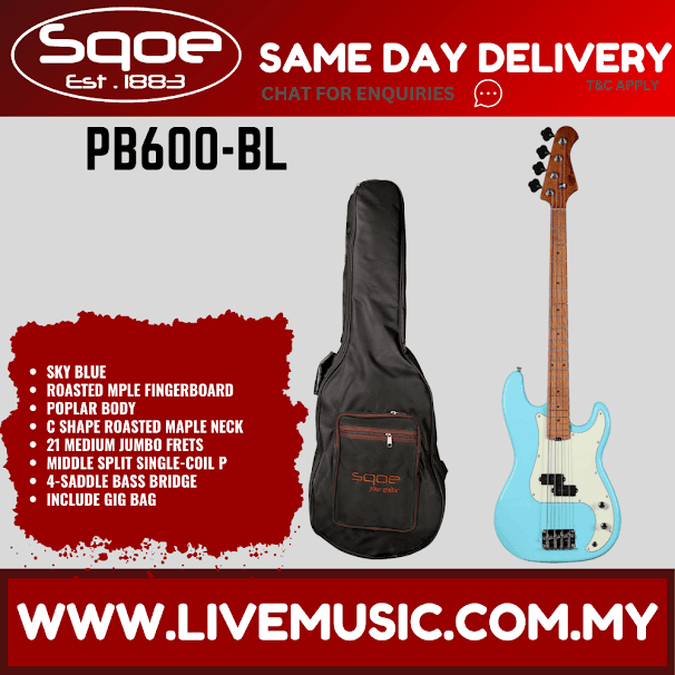 Sqoe PB600-BL Electric Bass Guitar With Gig Bag Roasted Maple FB, Sky Blue ( PB600BL / PB600 BL )