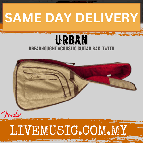 Tweed dreadnought acoustic guitar bag with beige body, red padding, and side pocket