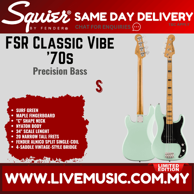 Squier FSR Classic Vibe 70s Precision Bass Guitar, Maple FB, Surf Green