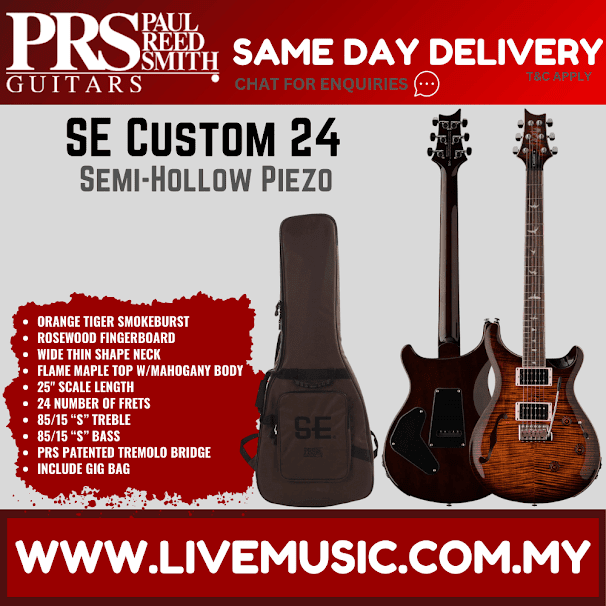 PRS SE Custom 24 Semi-Hollow Piezo w/GigBag, Rosewood FB, Orange Tiger Smokeburst