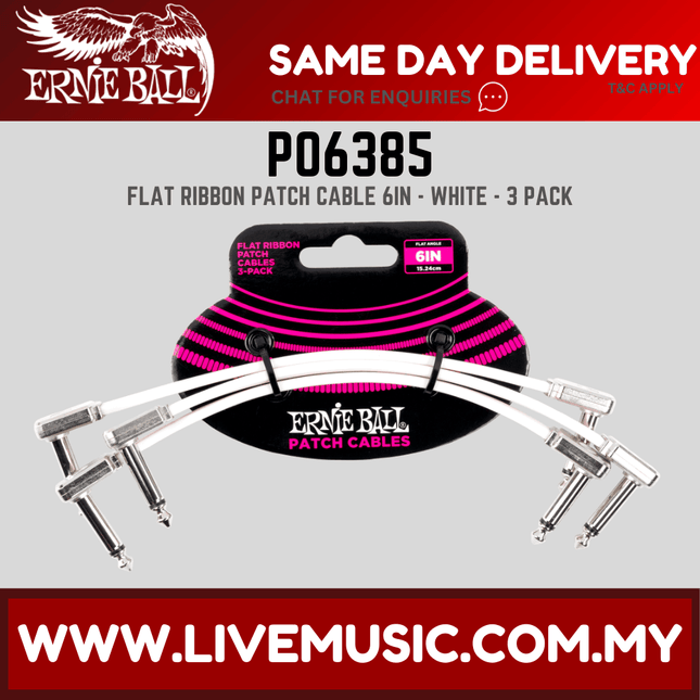 Ernie Ball 6385 Flat Ribbon Pedalboard Patch Cable, Right Angle to Right Angle, White, 6-inch, 3-pack