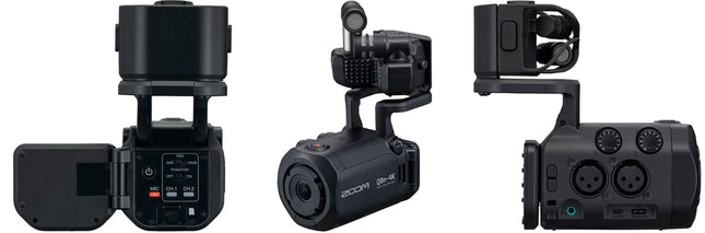Compact 4K video recorder shown from multiple angles with side ports and controls