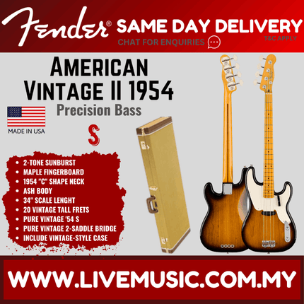 Fender American Vintage II 54 Precision Bass Electric Guitar, Maple FB, 2-Tone Sunburst