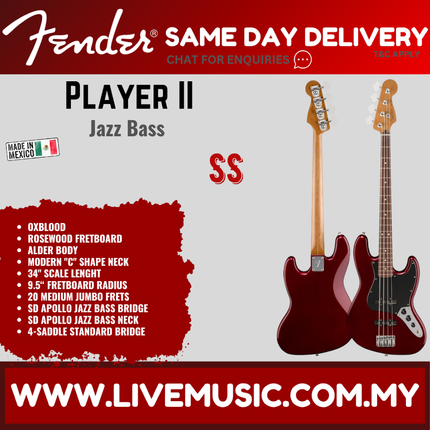 Fender Limited Edition Player II Jazz Bass Guitar, RW FB, Oxblood