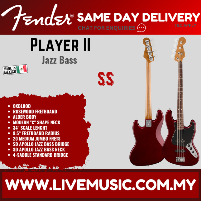 Fender Limited Edition Player II Jazz Bass Guitar, RW FB, Oxblood
