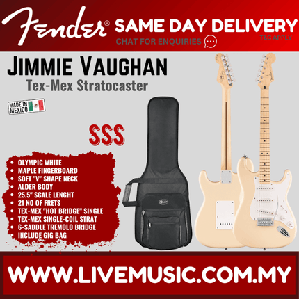 Fender Artist Jimmie Vaughan Tex Mex Stratocaster Guitar, Maple Fretboard with Deluxe Gig Bag - Olympic White