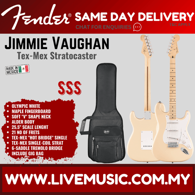 Fender Artist Jimmie Vaughan Tex Mex Stratocaster Guitar, Maple Fretboard with Deluxe Gig Bag - Olympic White