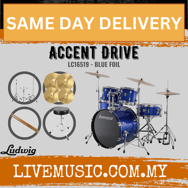 Ludwig Accent Drive 5-Piece Drums Set w/Hardware+Throne+Cymbal (22x16 BD / 16x16 FT / 12x9 TT / 10x8 TT / 14x6.5 SD)