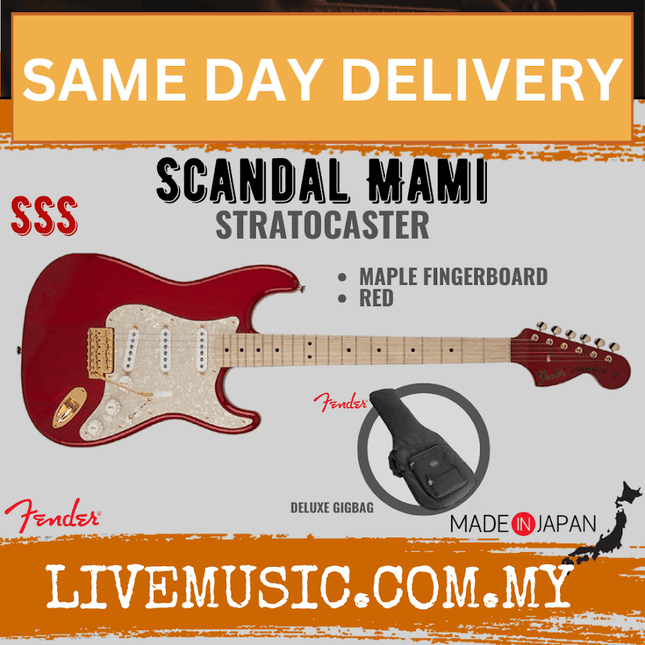 Fender Japan Scandal Mami Signature SSS Stratocaster Electric Guitar, Maple Fretboard with FREE Gig Bag - Glossy Red