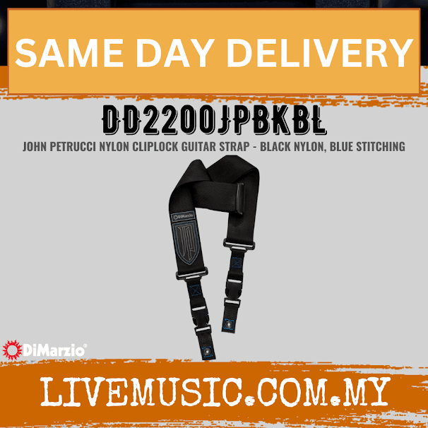 DiMarzio DD2200JPBKBL Cliplock Guitar Strap  Black Nylon, Blue Stitching (DD2200JP BKBL/DD2200JP-BKBL)