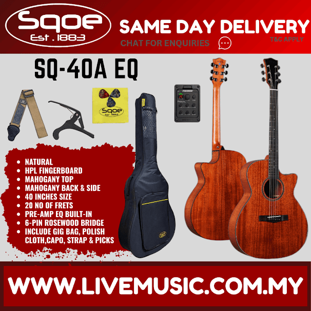 SQOE SQ-40A EQ 40" Mahogany Top Acoustic Electric Guitar w/Gig Bag, HPL FB - Natural ( SQ40A EQ / SQ 40A EQ)