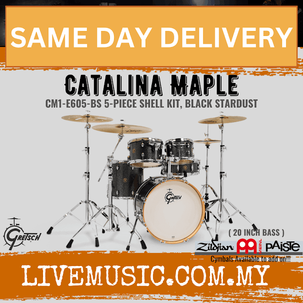 Gretsch CM1-E605-BS Catalina Maple 5-Piece Drum Shell Kit(20inch Bass), Black Stardust