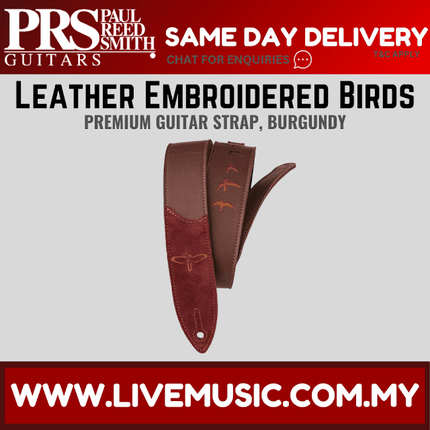 PRS Premium Leather Embroidered Birds Guitar Strap, Burgundy