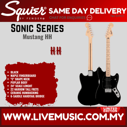 Squier Limited Edition Squier Sonic Mustang HH Electric Guitar, Maple FB, Black