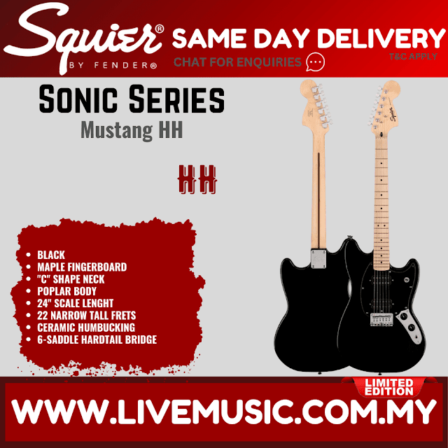 Squier Limited Edition Squier Sonic Mustang HH Electric Guitar, Maple FB, Black