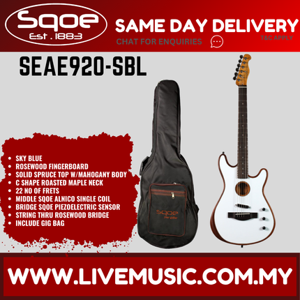 Sqoe SEAE920 Acoustasonic Telecaster Acoustic Electric Guitar w/Bag, Rosewood FB - Sky Blue ( SEAE 920 / SEAE-920 )