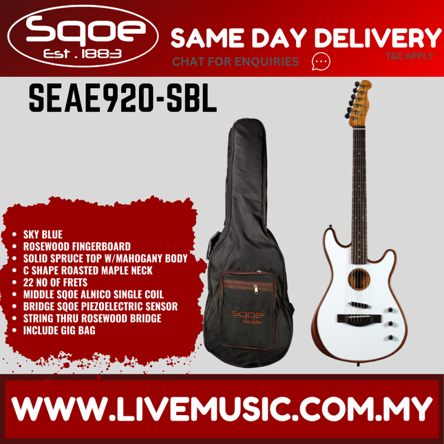 Sqoe SEAE920 Acoustasonic Telecaster Acoustic Electric Guitar w/Bag, Rosewood FB - Sky Blue ( SEAE 920 / SEAE-920 )