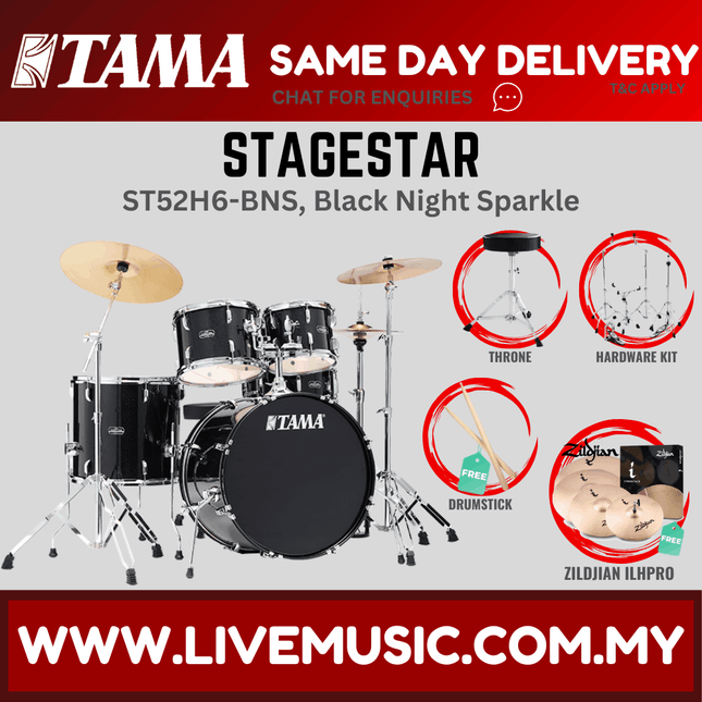 Tama 5-piece Stagestar drum set, Black Night Sparkle finish with Zildjian ILHPRO