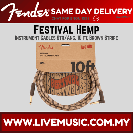 Fender Festival Hemp Angled Instrument Cable, 10ft, Pure Hemp - Brown Stripe