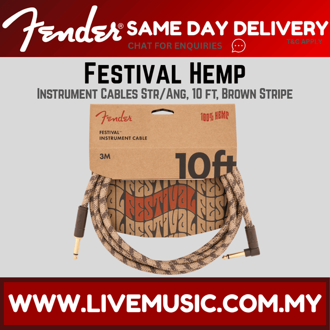 Fender Festival Hemp Angled Instrument Cable, 10ft, Pure Hemp - Brown Stripe