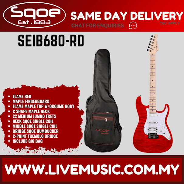 SQOE SEIB680 HSS Flame Maple Top  Electric Guitar w/Gig Bag, Maple FB - Flame Red ( SEIB-680 / SEIB 680 )