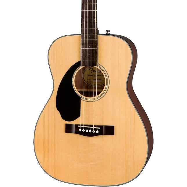 Natural acoustic guitar front with rosette sound hole and black pickguard