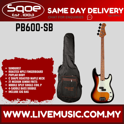 Sqoe PB600-SB Electric Bass Guitar With Gig Bag Roasted Maple FB, Sunburst ( PB600SB / PB600 SB )