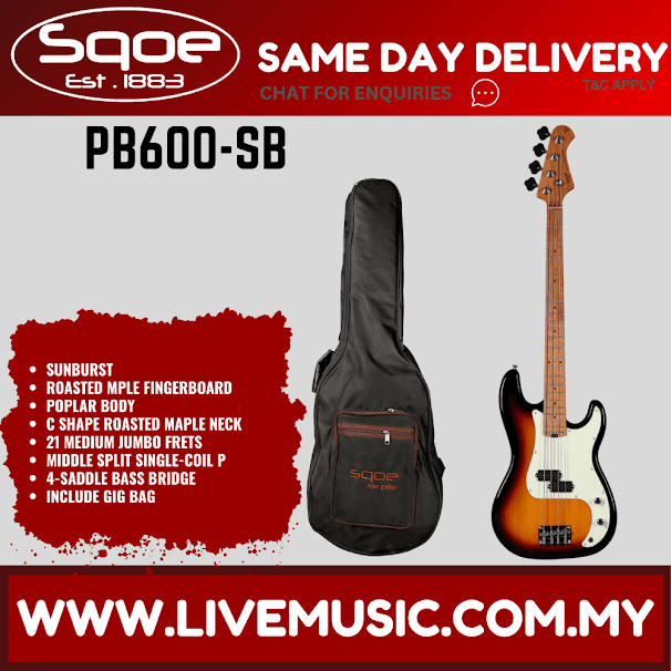 Sqoe PB600-SB Electric Bass Guitar With Gig Bag Roasted Maple FB, Sunburst ( PB600SB / PB600 SB )